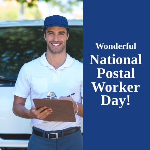 Smiling male postal worker holding clipboard for delivery service