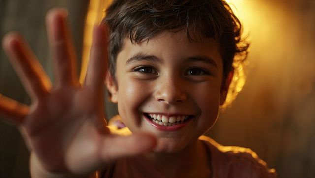 Smiling schoolboy reaching forward warm rimlight dimples closeup portrait in bedroom