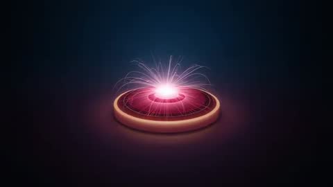 Pulsing Neon Core Emitting Sparks from Futuristic Emitter Disk with Halo Rim