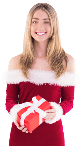 Festive Santa Girl Holding Red Gift with Ribbon Wrap Transparent Background