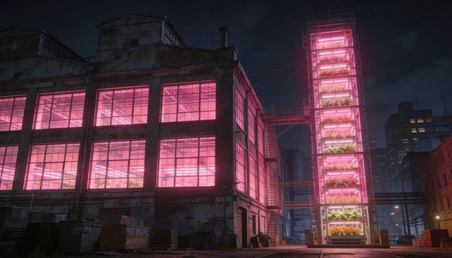 Glowing magenta vertical farming tower illuminating converted warehouse in urban nightscape