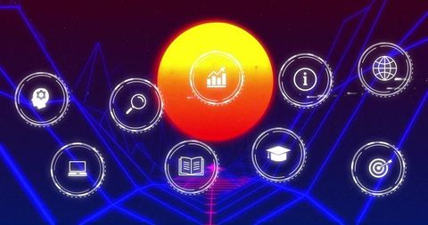 Futuristic tech icons and glowing orb against neon grid background