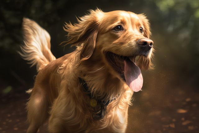 Golden Retriever appears joyful during an adventure in a natural setting. Perfect for websites and ads focusing on pet care, outdoor activities, happiness, and dog enthusiasts.