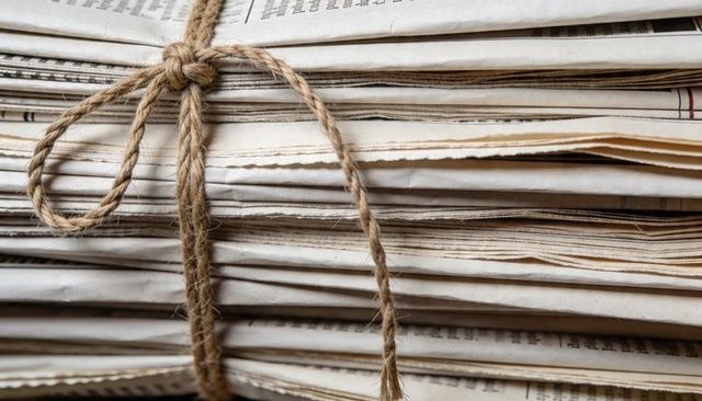Twine-bound folded newspaper stack close-up showing textured paper layers and rustic fiber