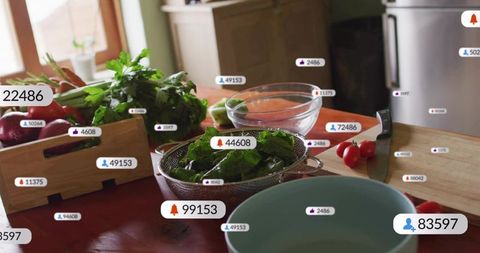 Sitting colander with leafy greens, fresh vegetables and social media notification overlays