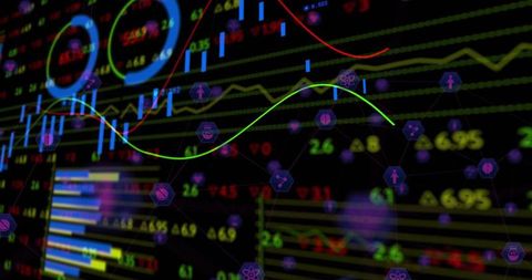 Futuristic neon trading dashboard visualizing candlestick, line charts and network analytics