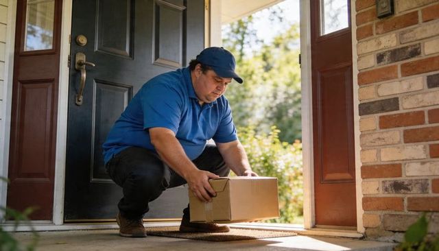 Crouching delivery worker placing package on front door mat wearing blue uniform