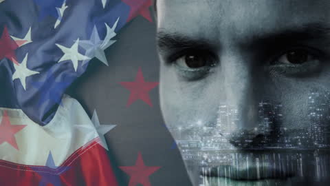 Patriotic Superimposed Cityscape with US Flag and Male Portrait
