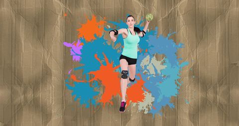 Female Handball Player in Dynamic Pose with Colorful Background