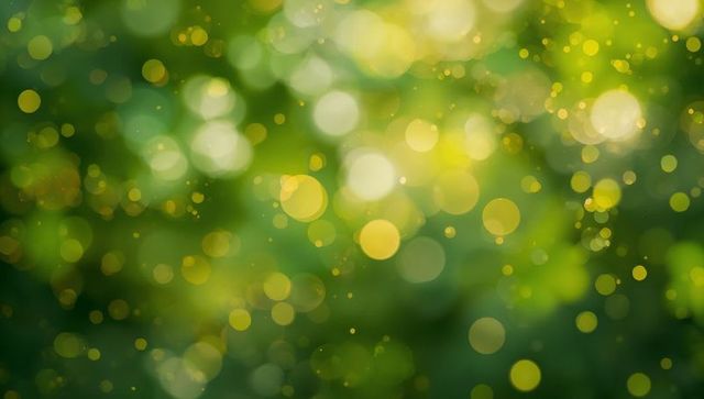 Sunlit green bokeh with floating golden particles and soft leaf canopy glow