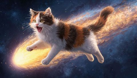 Soaring calico cat riding flaming comet through starfield with glowing cosmic trail