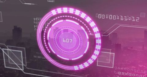 Futuristic Magenta HUD Against Urban Skyline