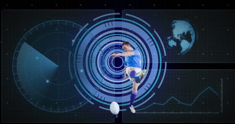 Dynamic Rugby Player in Futuristic Data Landscape
