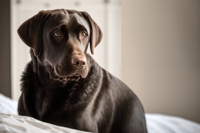 A Chocolate Labrador with shiny brown fur is sitting on a bed and looking away. Suitable for websites and print materials related to pets, dog care, and home decor. Ideal for use in advertisements, blogs, and articles focusing on pet-friendly environments, dog behavior, and animal companionship.