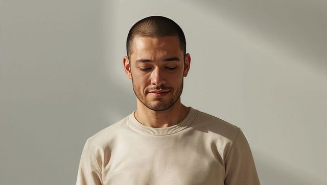 Pensive young man with buzz cut and beard gazing downward in soft beige studio portrait