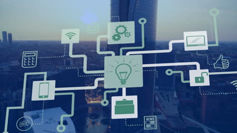 Digital Icons Overlay on Cityscape Depicting Connectivity