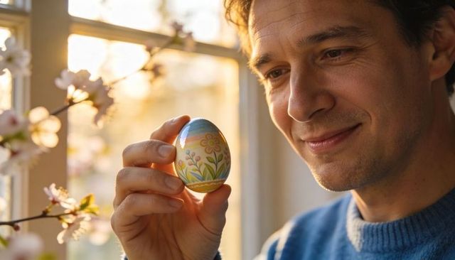 Man holding hand-painted easter egg by sunlit window with blooming branches