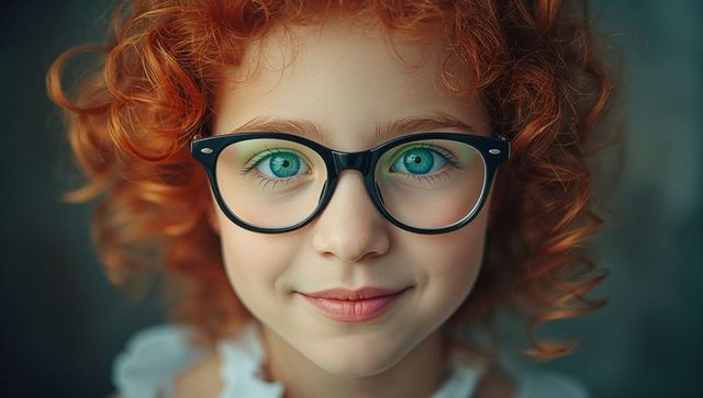 Cheerful red-haired girl adjusting black glasses in studio portrait