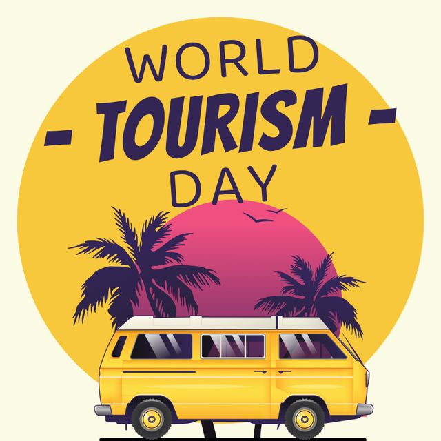 This graphic celebrates World Tourism Day with a retro camper van set against a backdrop of palm trees and a setting sun. Ideal for travel blogs, holiday promotions, adventure-themed marketing, and social media posts highlighting tourism. Perfect for visual storytelling around travel experiences, dream vacations, and exploring new destinations.