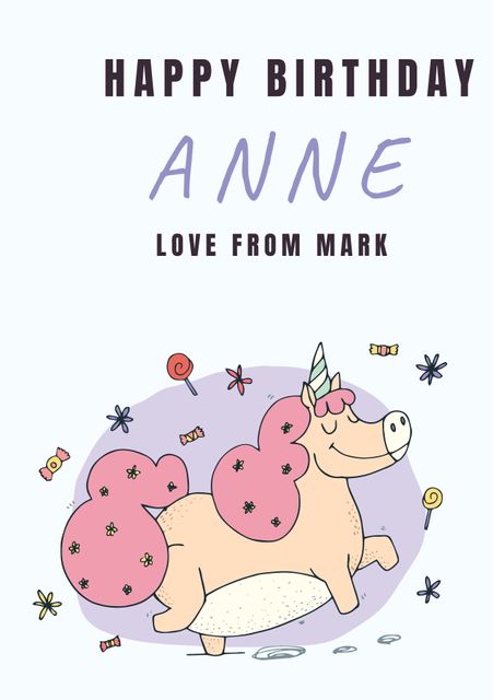 Charming greeting card design suitable for kids' birthday celebrations. Features adorable jogging unicorn, candies, and pastel colors, creating a whimsical atmosphere. Ideal for personalizing cards for birthdays, invites for unicorn-themed parties, or decorating party favor bags.