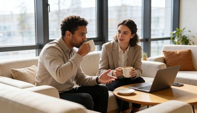 Colleagues Collaborating Over Coffee in Modern Office Lounge With Laptop, Business Casual