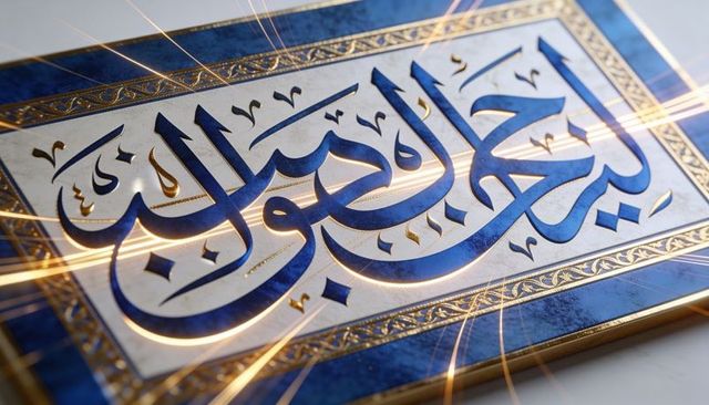 Cobalt blue arabic calligraphy panel featuring gold gilded frame and ornate border