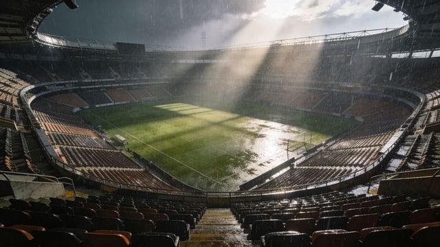 Sunbeams breaking through storm lighting rain-soaked football stadium with empty stands