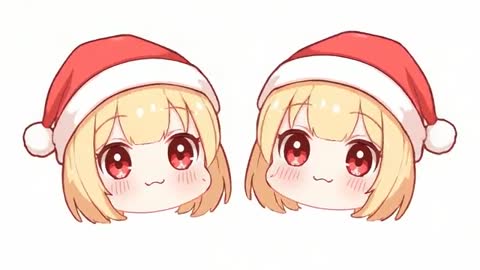 Twin Chibi Blonde Heads Tilting and Bobbing in Santa Hats Animated Loop