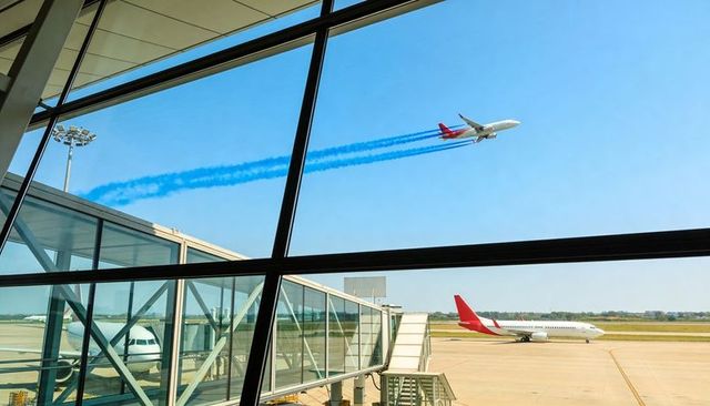 Passenger jet soaring with twin blue smoke trails above modern airport terminal and apron