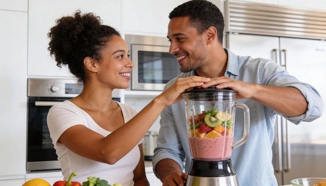 Young couple making fresh fruit smoothie in modern kitchen smiling while blending