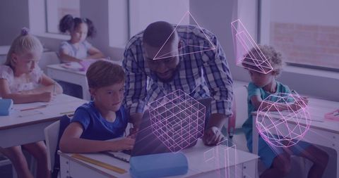 Diverse classroom scene with teacher and 3d shapes overlay
