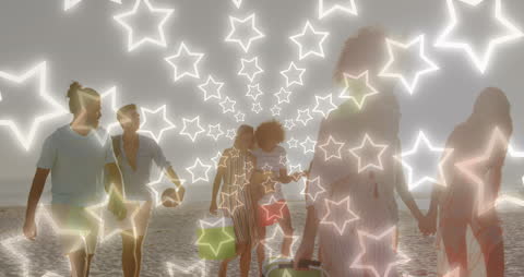 Neon Stars Animation Over Diverse Friends on Beach