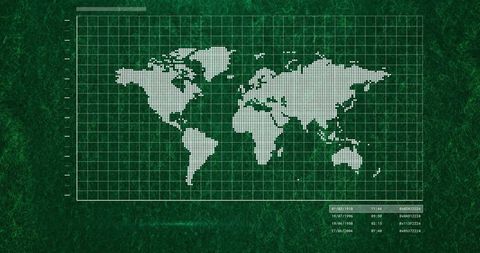 Displaying dotted world map on dark green grid dashboard with pixelated continents