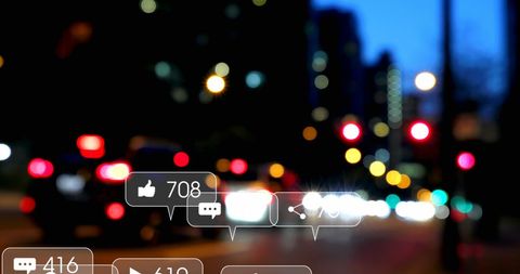 Social Media Engagement Icons Overlaying Urban Evening Cityscape - Download Free Stock Images Pikwizard.com