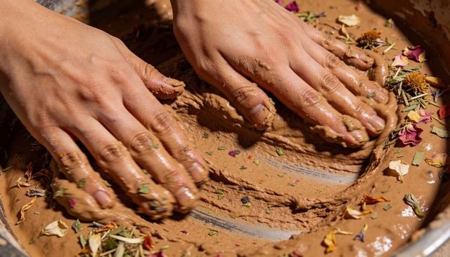 Hands kneading botanical clay mask with dried flower petals for natural skincare and spa