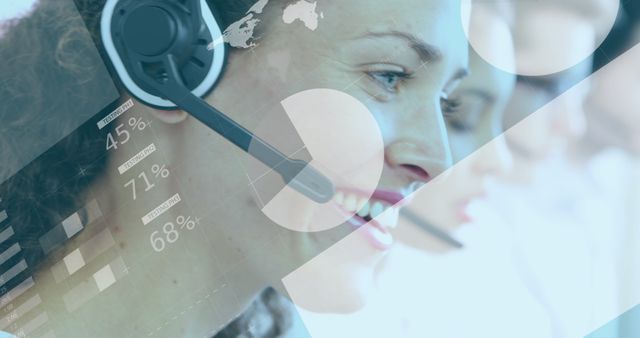 Smiling Customer Service Representative with Headset and Data Graphics Overlay - Download Free Stock Images Pikwizard.com