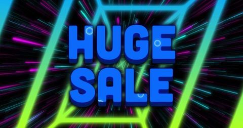 3d neon huge sale text racing through futuristic tunnel with vibrant radial light streaks