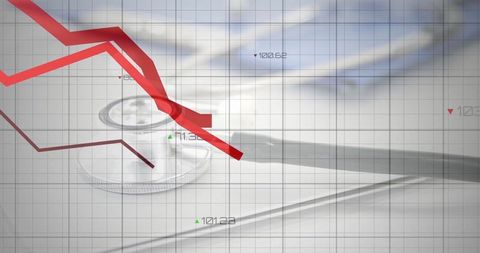 Healthcare finance analysis with stethoscope and digital data overlay