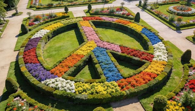 Peace-sign parterre blooming with rainbow flowerbeds in formal geometric garden layout