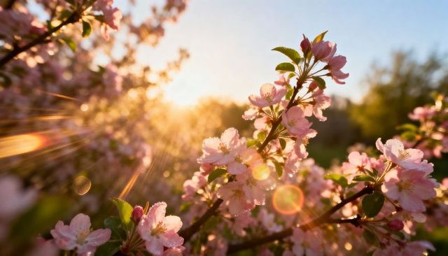 Sunlit Pink Blossoms Closeup Glowing with Dew and Lens Flare at Golden Hour Orchard