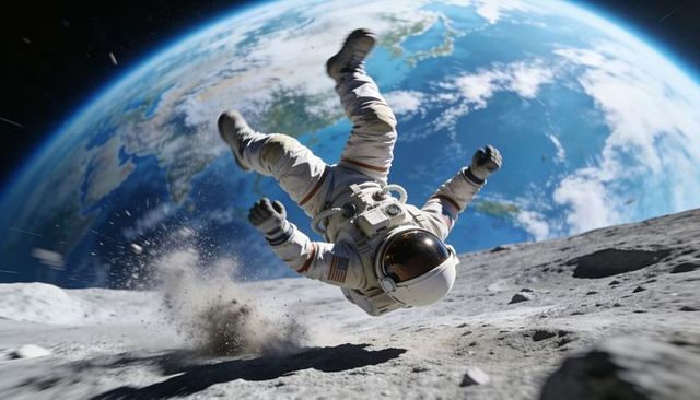Astronaut tumbling on lunar surface with Earth rising, kicking up regolith plume