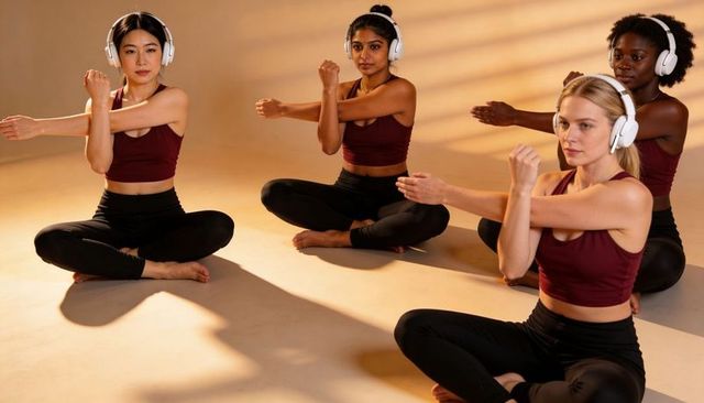 Group stretching class wearing headphones and burgundy activewear in warm studio light