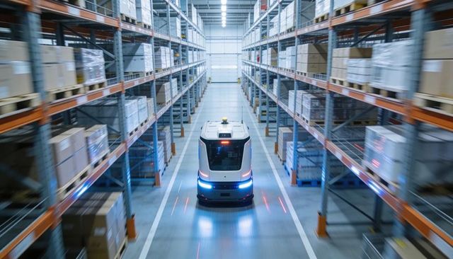 Autonomous agv navigating high-bay warehouse aisle with laser guidance and blue led