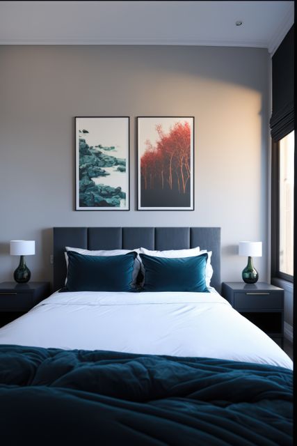 Shows a modern bedroom with elegant decor featuring a bed with white linen and blue cushions. Two framed art pieces hang above the bed. Both bedside tables have green table lamps. The space receives ample natural light, creating a relaxing ambiance. Suitable for use in interior design magazines, decorating blogs, and real estate listings promoting stylish and elegant homes.