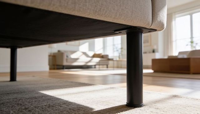 Sofa leg close-up on sunlit hardwood floor with neutral minimalist living room