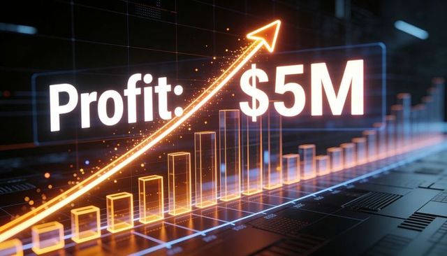 Profit $5m neon bar chart showing rapid revenue growth over holographic dashboard