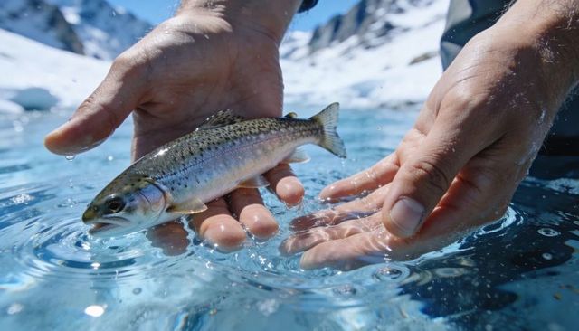 Hands cupping and releasing wild rainbow trout in crystal alpine lake water