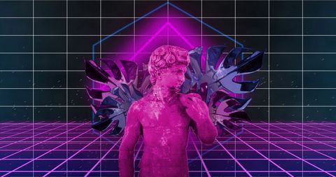 Neon Greek Sculpture with Tropical Leaves in Retro Metaverse Design