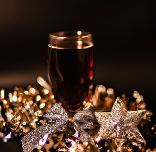 Close up of glass of wine and decorations on black background. Christmas, tradition and celebration concept.