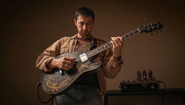 Male guitarist playing ornate electric guitar and fretting notes with vintage tube amp